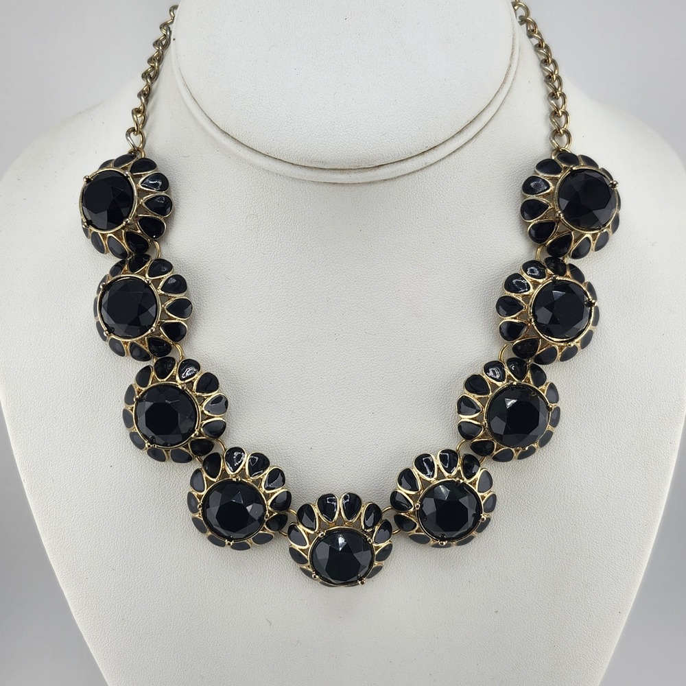 Black Statement Necklace‎ Gold Tone Costume Jewelry Chunky Flower Bib Necklace